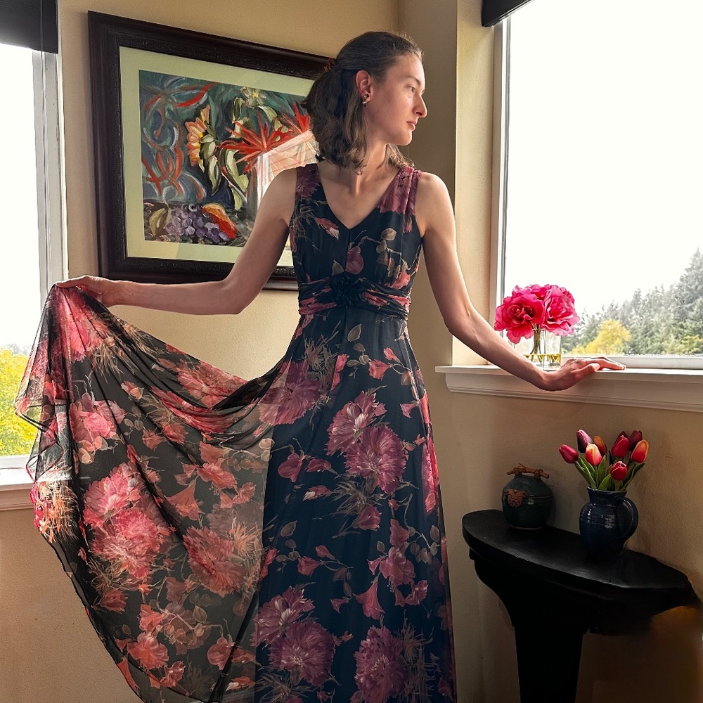 Maxi Dress w Circular Skirt in Floral Chiffon c1970s Randy Collection Original